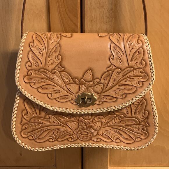 Hand Tooled Vintage Tan Leather Purse by L.E. Dunlap Intricate Designs - Picture 1 of 10